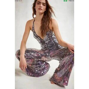 NWT FREE PEOPLE So Fine Retro Floral Large Sequin Halter Jumpsuit NWT Size 4